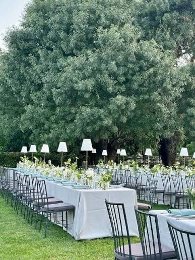 Mesa larga vestida de blanco bajo un gran árbol, con lámparas y flores a lo largo